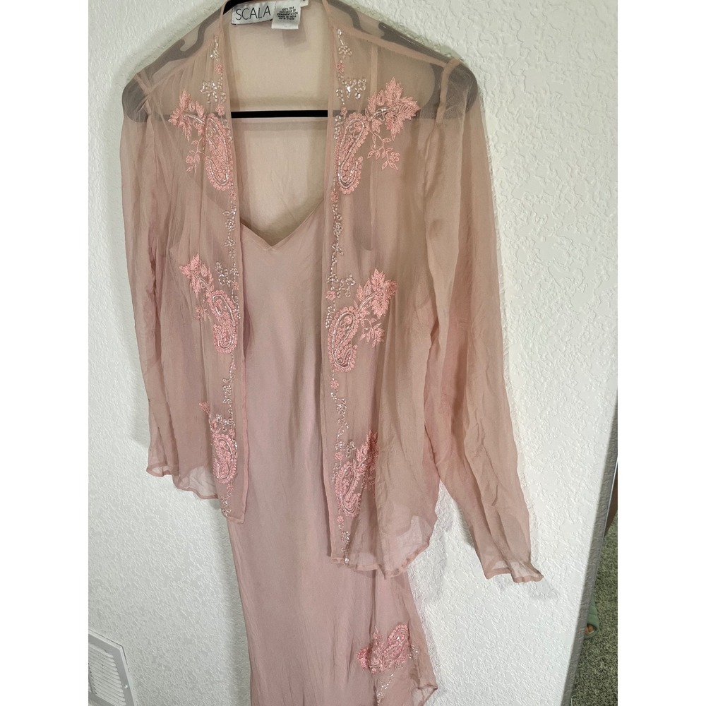 Scala Vintage 100% Silk Pink Beaded Floral Maxi Dress & Jacket Set Womens S - Picture 4 of 16